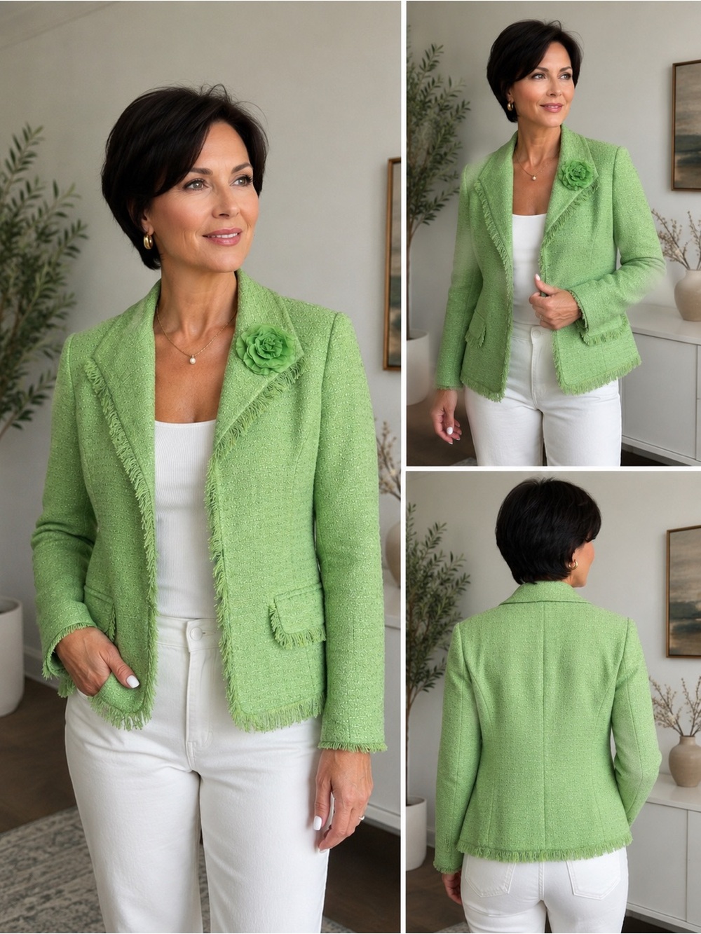 Brownstone Studio Pistachio Tweed Fringe Blazer 12P